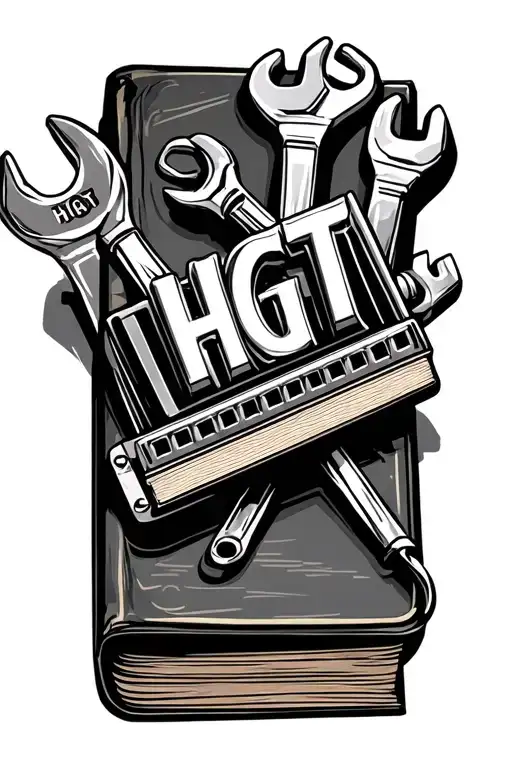 HGT initials on a harmonica sitting on a holy bible with motor mechanic spanners beside it. tattoo design idea