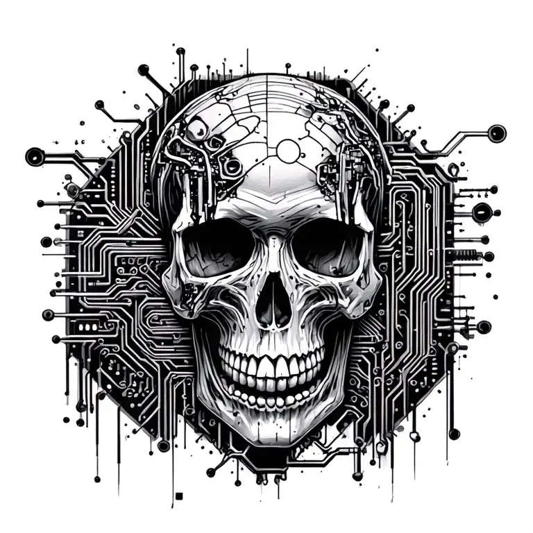 skull and technology with PCB tracks and dark atmosphere tattoo design idea