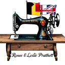 "Renee & Leslie Pratchett" a vintage sewing machine with the belgian flag and some carpentry tools with the english flag with space for 2 names and tattoo design idea