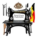 "Renee & Leslie Pratchett" a vintage sewing machine with the belgian flag and some carpentry tools with the english flag with space for 2 names and tattoo design idea