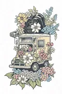 mahjong tile with flowers surrounding them with dori and a kombi van and darth vader tattoo design idea