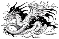 white dragon flying in the sky with stars and clouds tattoo design idea