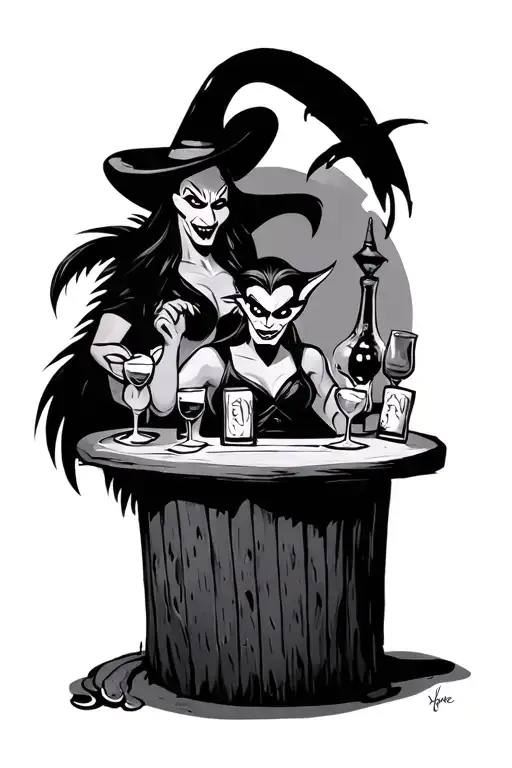 disney villains at a tiki bar scene tattoo design idea