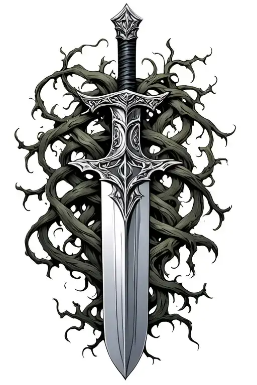 Excalibur sword wrapped with vines tattoo design idea