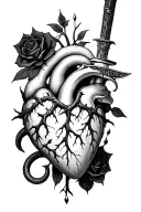 dagger piercing through a realistic bleeding human heart ensnared by black roses with thorns. Add a snake tattoo design idea