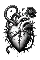 dagger piercing through a realistic bleeding human heart ensnared by black roses with thorns. Add a snake tattoo design idea