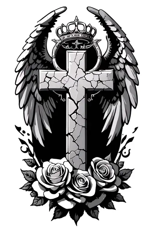 a curved concrete cracked cross that has angel wings and a trinity sign above the cross like a crown and surrounded rose tattoo design idea