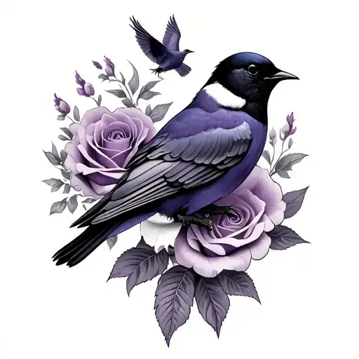 rose, with creation of man painting and purple martins on top flying tattoo design idea