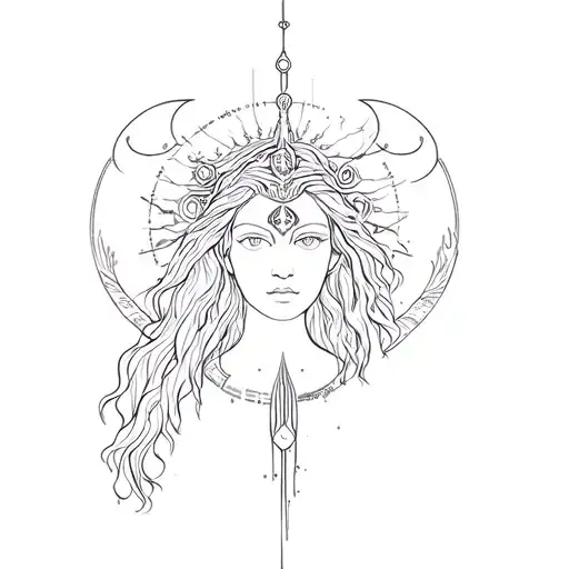 Hecate goddess of magic, head and shoulders, 3 moons  tattoo design idea