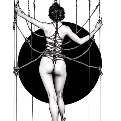 bound woman suspended on back marionette strings tattoo design idea