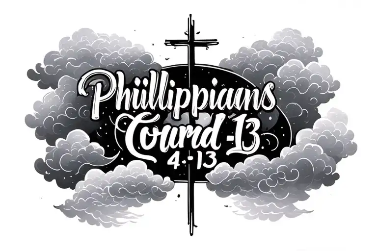 Philippians 4:13 written in cursive with clouds surrounding the text and cross in the background tattoo design idea