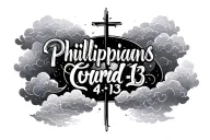 Philippians 4:13 written in cursive with clouds surrounding the text and cross in the background tattoo design idea
