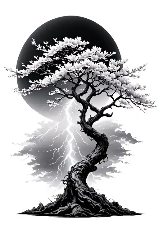 lightning clash cherry blossom tree tattoo design idea