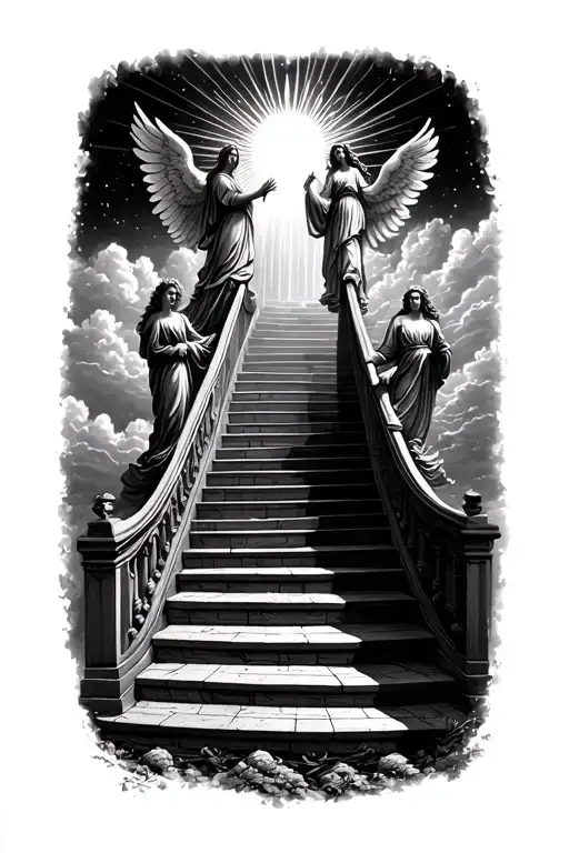 stairway to heaven walking up stairs angels sun rays clouds heaven gate at the top of the stairs  tattoo design idea