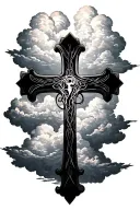 simple black cross in front of clouds surrounding tattoo design idea