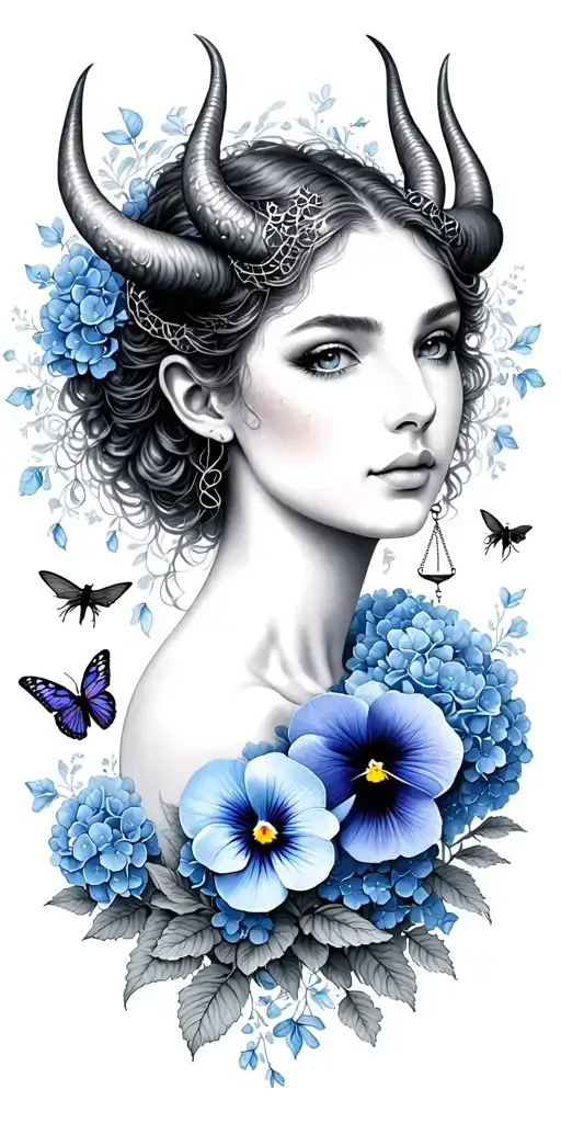 Capricorn woman with horns, Libra scales, pansy flower, butterfly, dragon fly, beetle, tiny blue hydrangea petals tattoo design idea