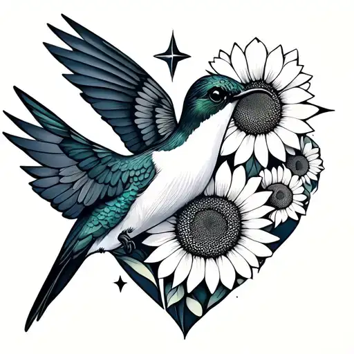hummingbird sunflower and stars and heart with wings  tattoo design idea