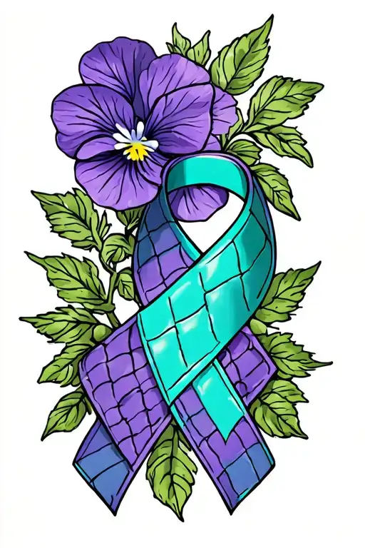 memorial tattoo with quilted patch and african violet flower and teal cancer ribbon tattoo design idea