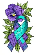 memorial tattoo with quilted patch and african violet flower and teal cancer ribbon tattoo design idea