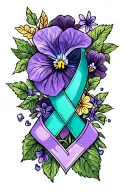 memorial tattoo with quilted patch and african violet flower and teal cancer ribbon tattoo design idea