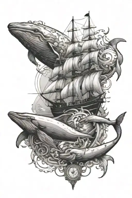 ocean ship whale compass squid lighthouse shining tattoo design idea