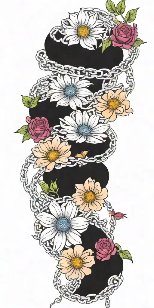 An intricate tattoo with a chain of daisys cosmos flowers and roses tattoo design idea