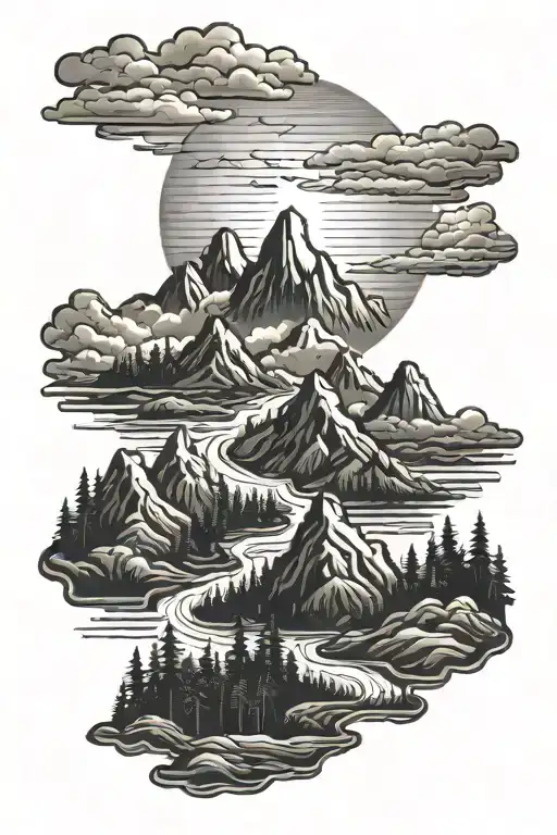 forest mountain range with a winding river and sun rays shining through the clouds  tattoo design idea