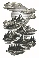 forest mountain range with a winding river and sun rays shining through the clouds  tattoo design idea