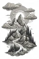 forest mountain range with a winding river and sun rays shining through the clouds  tattoo design idea