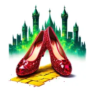 two sparkling ruby ballet slippers with yellow brick road and emerald city in background tattoo design idea