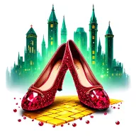 two sparkling ruby ballet slippers with yellow brick road and emerald city in background tattoo design idea