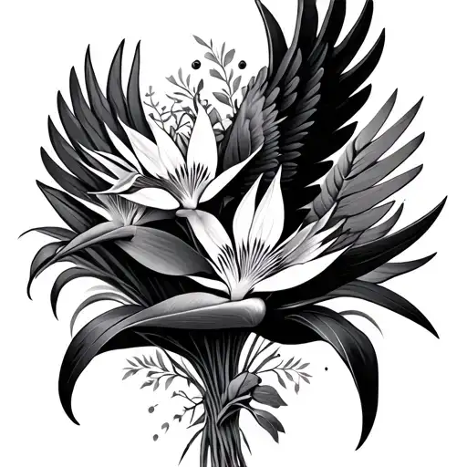 birds of paradise flower bouquet with angle wings  tattoo design idea