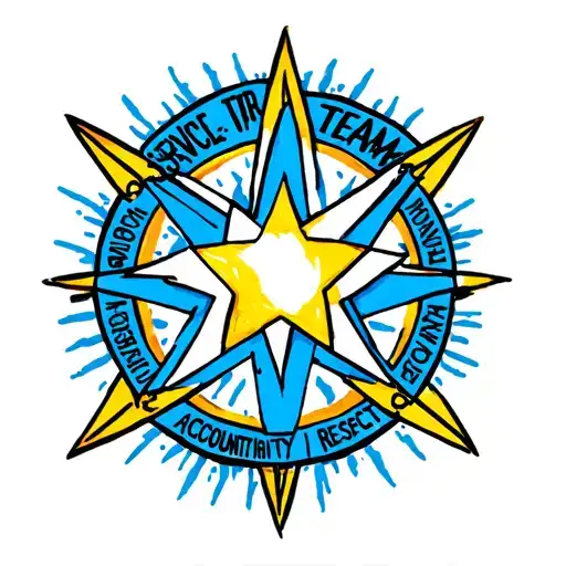 Star with words :service, teamwork, accountability, respect in blue and yellow tattoo design idea