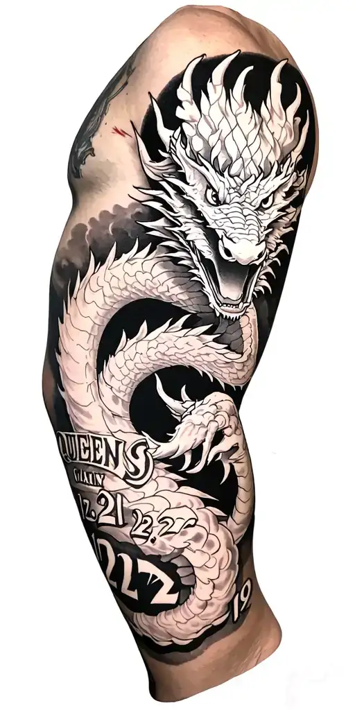 left arm sleeve tattoo featuring Queens, NY; Wu-Tang Clan; Dragon; the number 2:22; 12:31; 2:15; 4:10; 11:7. tattoo design idea