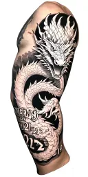 left arm sleeve tattoo featuring Queens, NY; Wu-Tang Clan; Dragon; the number 2:22; 12:31; 2:15; 4:10; 11:7. tattoo design idea