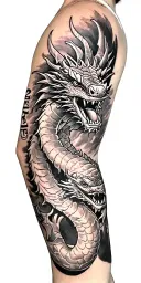 left arm sleeve tattoo featuring Queens, NY; Wu-Tang Clan; Dragon; the number 2:22; 12:31; 2:15; 4:10; 11:7. tattoo design idea