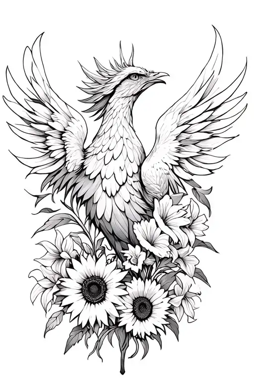 Phoenix with sunflowers and gladiolus  tattoo design idea