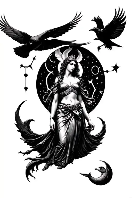 Athena Goddess with raven flying and moon surrounded and pisces constellation tattoo design idea