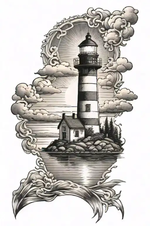 Lighthouse on the lake with a sun setting tattoo design idea
