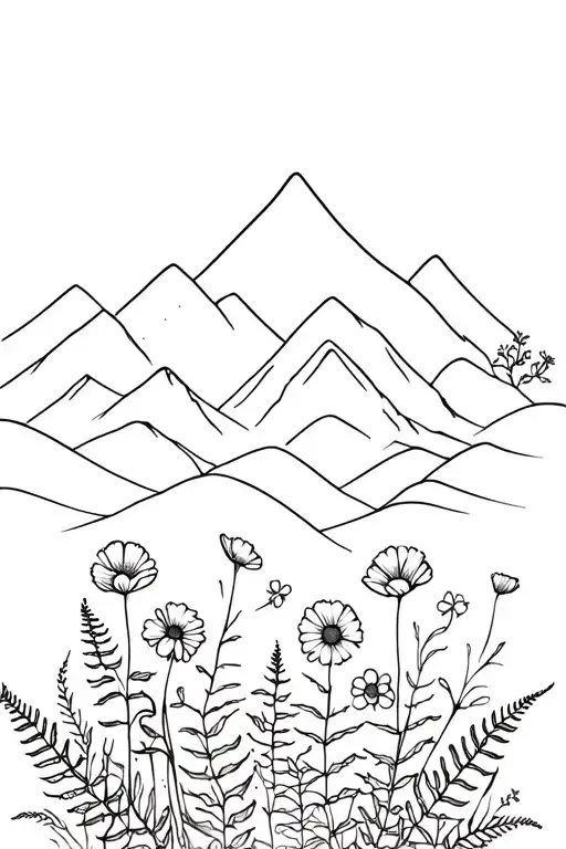 ferns, poppies, daisies, clovers, mountain range, fog and clouds, all black and white with fine lines tattoo design idea