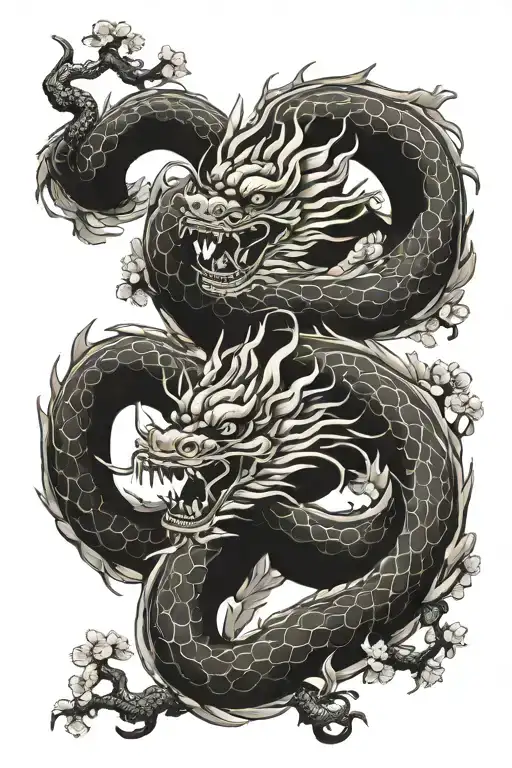 chinese dragon, cherry blossoms tattoo design idea