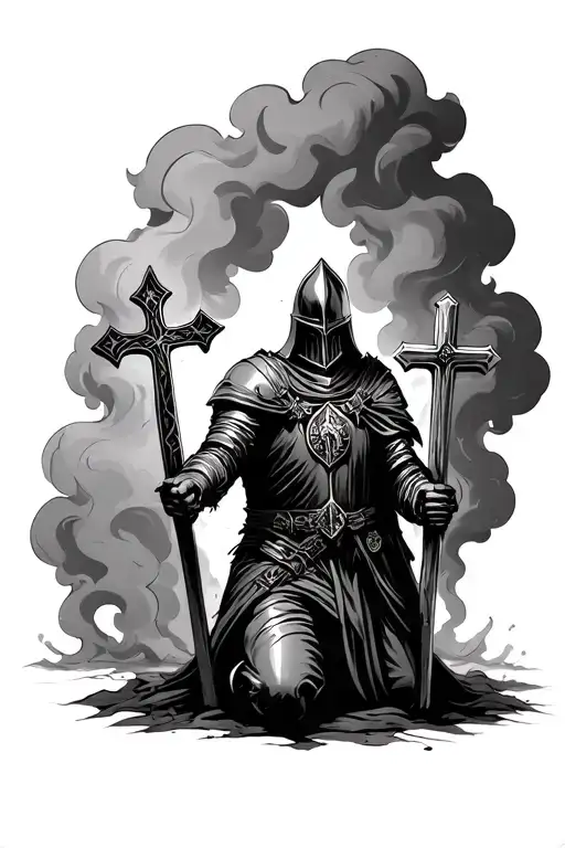 Templar knight kneeling in front of 3 crosses with ominous smoke surrounding him. for forearm sleeve tattoo design idea