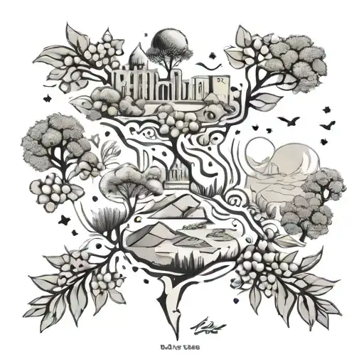 A fusion of the maps of Palestine, Syria, and Lebanon with symbols such as olives, Jerusalem, cedar trees, and jasmine, combined with elements representing freedom, sky, clouds, and flowers tattoo design idea
