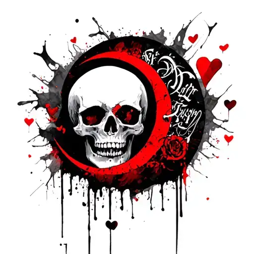 skulls, hearts, crescent moon with calligraphy letter J tattoo design idea