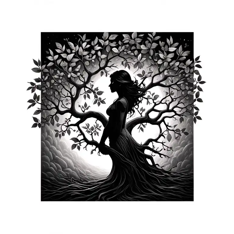 tree of life woman posing silouette tattoo design idea