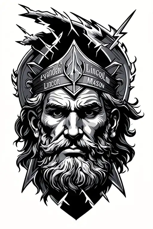 Greek god warrior with lightning bolts and names Evander, Lincoln, Mason in greek font tattoo design idea