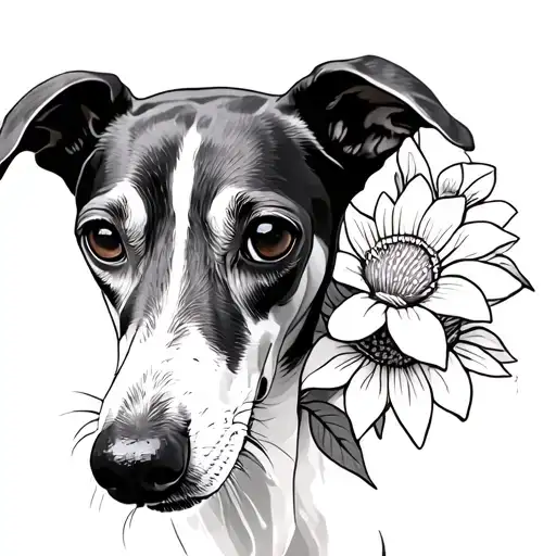 whippet dog smelling flowers tattoo design idea