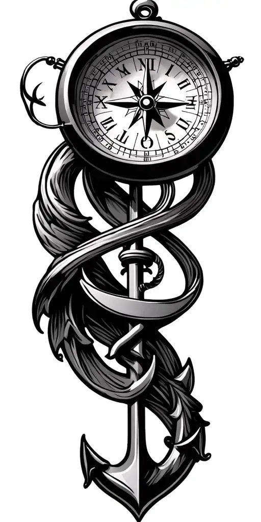 Nautical compass, handless clock, anchor, infinity sign, Christian theme tattoo design idea