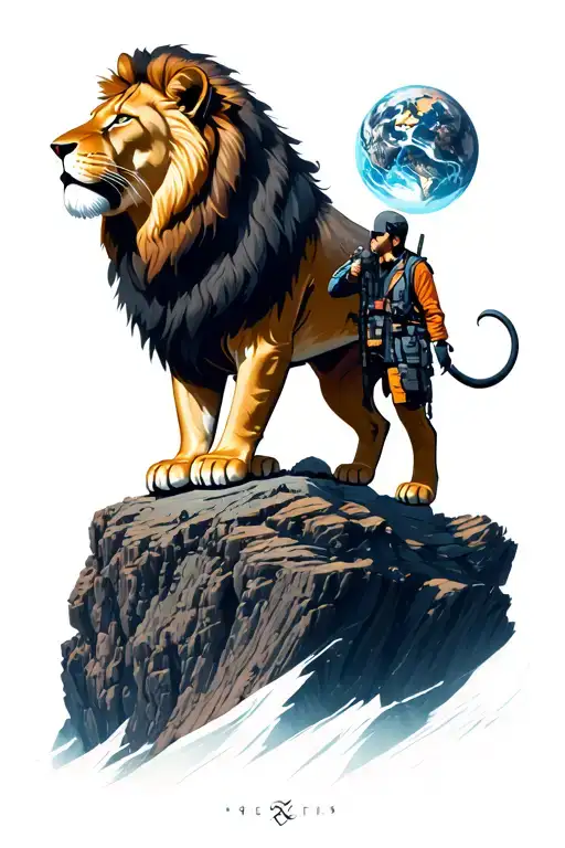 Lion, futuristic, teacher standing atop a mountain tattoo design idea