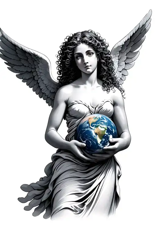 curly haired female angel with a long torso holding the earth tattoo design idea